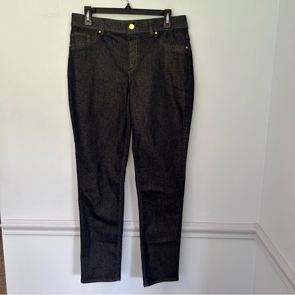 NWT Chico’s Platinum Dark Blue & Gold Glitter Jeggings Size 8 - Picture 1 of 14